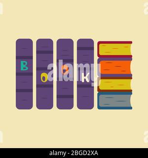 Purple books stand in a row, a stack of books of different sizes lies nearby. World Book Day. Bright colorful illustration. Reading, studying, science Stock Vector