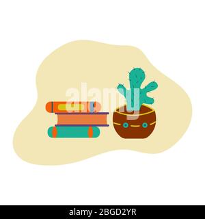 Three books lie on top of each other. A green cactus in a pot is standing nearby. Stack. World Book Day. Bright colorful illustration. Reading, studyi Stock Vector