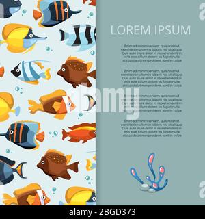 Cartoon bright aquarium color fish banner poster design. Vector illustration Stock Vector