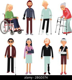 Flat style illustration set of disabled people in different poses. Vector pictures of hospital patients isolated Stock Vector
