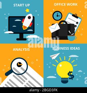 Concept pictures with different business elements. Startup icons and commercial signs in flat style Stock Vector