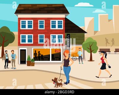 Urban illustration with walking people on the street. Road and buildings. Vector picture Stock Vector