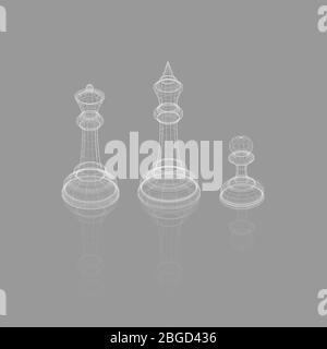 Abstract vector image of chess pieces king, queen and pawn. 3d frame illustration. Chess game concept. Polygonal art. Stock Vector