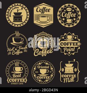 Gold coffee shop labels isolated on black backdrop. Vector illustration Stock Vector