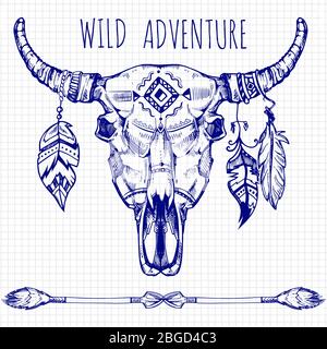 Hand drawn buffalo skull with feathers and arrows - wild adventures poster design. Buffalo skull drawing art, indian, ethnic element. Vector illustration Stock Vector