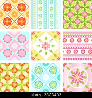 Set of floral seamless pattern with different flowers and leaves. Vector backgrounds in flat style Stock Vector