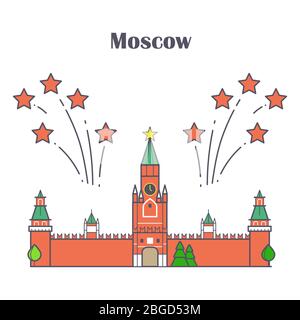 Bright linear Moscow Kremlin with red stars fireworks. Vector illustration Stock Vector