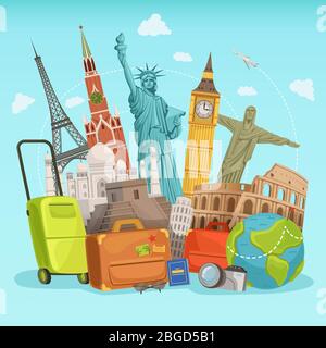 Travel poster design with different world landmarks. Vector illustrations Stock Vector