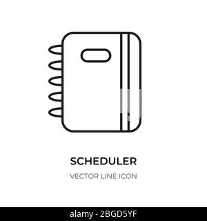 Black line scheduler icon. Closeup linear pictogram business planner. Logo for design app reminder meeting, office task. Organizer, calendar important date, month plan. Isolated vector illustration Stock Vector