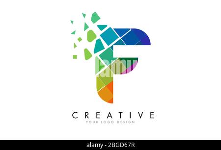 Letter F Design with Rainbow Shattered Blocks Vector Illustration. Pixel art of the F letter logo. Stock Vector