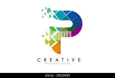 Letter P Design with Rainbow Shattered Blocks Vector Illustration. Pixel art of the P letter logo. Stock Vector