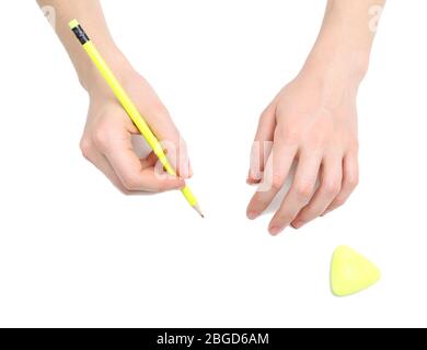 Human hands with pencil and erase rubber, isolated on white Stock Photo