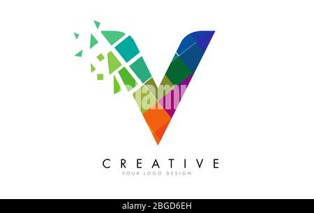 Letter V Design with Rainbow Shattered Blocks Vector Illustration. Pixel art of the V letter logo. Stock Vector