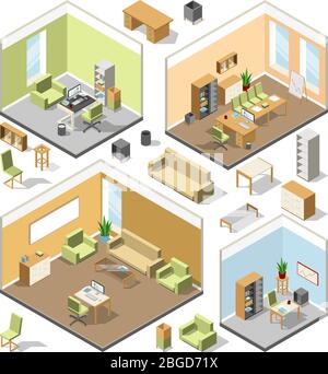 Different isometric workspaces with sectional furniture. Vector 3d architectural plan Stock Vector