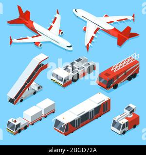 Airplanes set and other support machines in airport. Vector isometric illustrations of transport Stock Vector