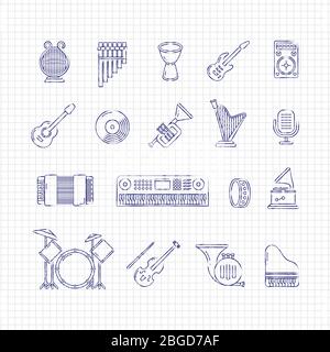 Ballpoint drawing music concert instruments thin line icons of set. Vector illustration Stock Vector