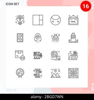Universal Icon Symbols Group of 16 Modern Outlines of egg, closet, symbolism, cabinet, travel Editable Vector Design Elements Stock Vector