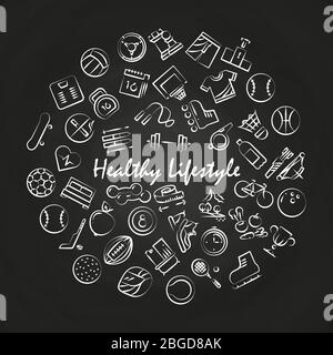 Healthy lifestyle round concept on blackboard with linear icons. Vector illustration Stock Vector