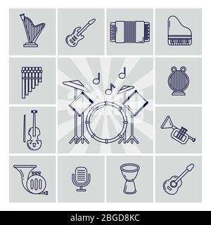 Linear musical instruments vector icons set isolated on gray illustration Stock Vector