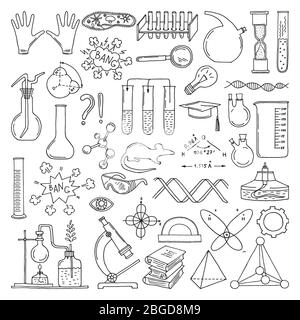 Black silhouette of scientific symbols. Chemistry and biology art. Education vector elements set Stock Vector