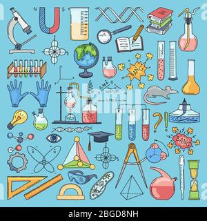 Colored items of science biology and chemical. Vector hand drawn illustrations Stock Vector