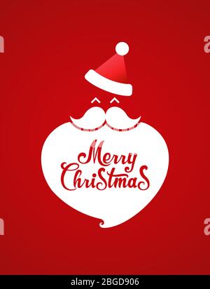 Santa Claus hat and white beard. Merry Christmas Title Typography Vector red background Stock Vector