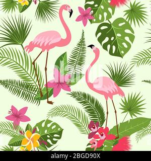 Vector seamless pattern with flamingo, tropical flowers and palm tree. Summer hawaiian background Stock Vector