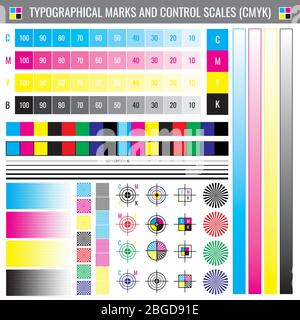 Calibration printing crop marks. CMYK color test vector document. Illustration of calibration color cmyk Stock Vector