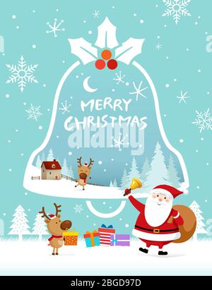 Santa Claus giving a gift. Background of winter concept in christmas bell shape. Merry Christmas Vector Illustration Stock Vector