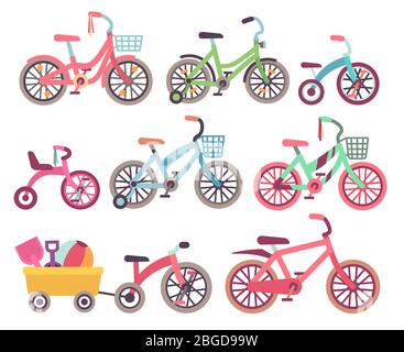 Kids bicycles vector set. Childrens bikes collection. Illustration of tricycle and kids bike Stock Vector