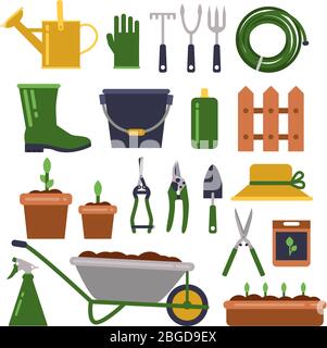 Different work tools for gardening. Vector icons set in flat style Stock Vector