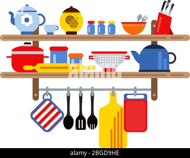 Cooking and restaurant equipment on kitchen shelves. Vector illustration in flat style Stock Vector