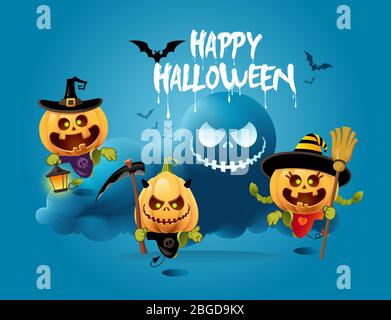 Happy Halloween. Set of cute pumpkin friends and scary clouds vector illustrations. Stock Vector