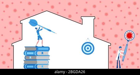 In corona virus quarantine days a businesswoman trying to reach his target by working at home. All the objects, shadows and background are in differen Stock Vector