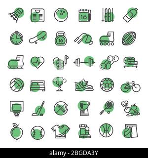 Sports and fitness outline symbols sports equipment thin line vector icons collection on white background illustration Stock Vector