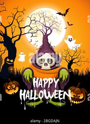 Vector Halloween tree skeleton monster and horror Halloween pumpkin ghost in the night of the woods. Stock Vector