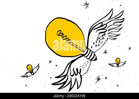 Creative idea, a symbol. Light bulbs on their wings fly across the starry sky. Ink drawing manual drawing. Creativity and the birth of new ideas. Stock Vector