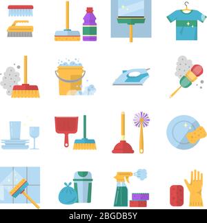 Cleaning service symbols. Different colored tools in cartoon style. Brush and soap Stock Vector