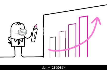 hand drawn Cartoon businessman with protection mask drawing an optimistic pink chart on a wall Stock Vector