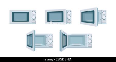 Modern microwave set ready for animation. Open and close oven poses in front view. Degree of openness Cooking stove, vector kitchen appliance. Digital concept illustration isolated on white background Stock Vector