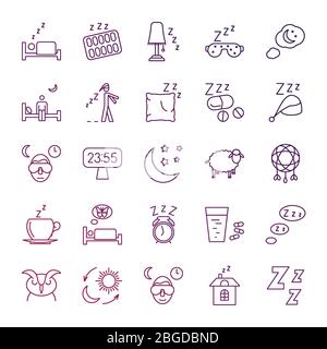 Insomnia problems and sleeping line icons set. Sleep and insomnia, health rest sleepless, vector illustration Stock Vector