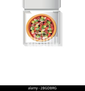 Tasty pizza in a white cardboard box - fast pizza delivery, vector template. Mock up pizza box Stock Vector