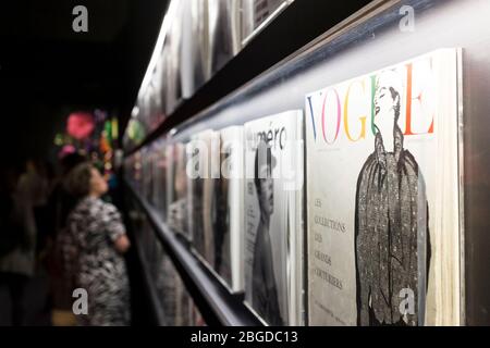 Display of vintage fashion magazines, V&A Museum, London, UK Stock Photo