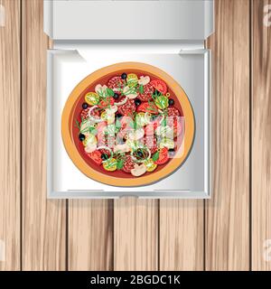 Tasty italian pizza in white cardboard box on wooden background - vector template. Pizza Delivery Poster Stock Vector