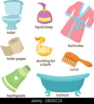Cartoon bathroom vector equipments. Toilet, sink and bathtub. Illustration of bath and toothpaste, comb and toilet paper Stock Vector