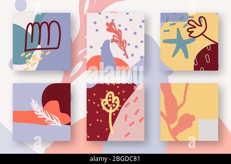 Set of abstract square backdrops. Creative modern backgrounds. Doodle floral organic elements different shapes. Hand drawn trendy objects with texture spots, dots, lines. Isolated vector illustration Stock Vector