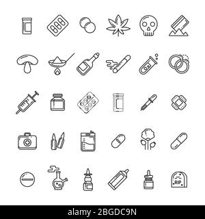 Legal and illegal medical preparations, pills, drugs, tablets linear icons set. Vector illustration Stock Vector