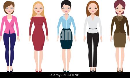 Young woman wearing in casual european suits. Adult business women in blouse, skirt and pants vector set. Businesswoman and manager character in fashion clothing illustration Stock Vector