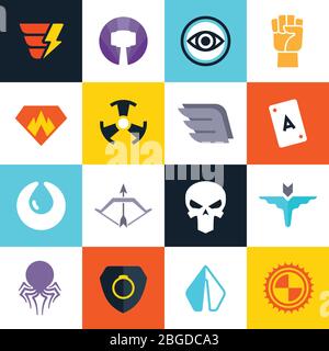 Superhero vector badges with super weapons. Superheroes symbols collection. Superhero badge and symbol icon illustration Stock Vector