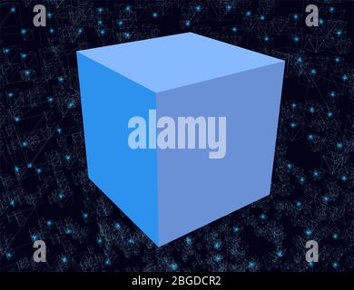 Abstract background with a blue cube and with many cube frames of blue lines with luminous lights on a dark background. 3D. Vector illustration. Stock Vector